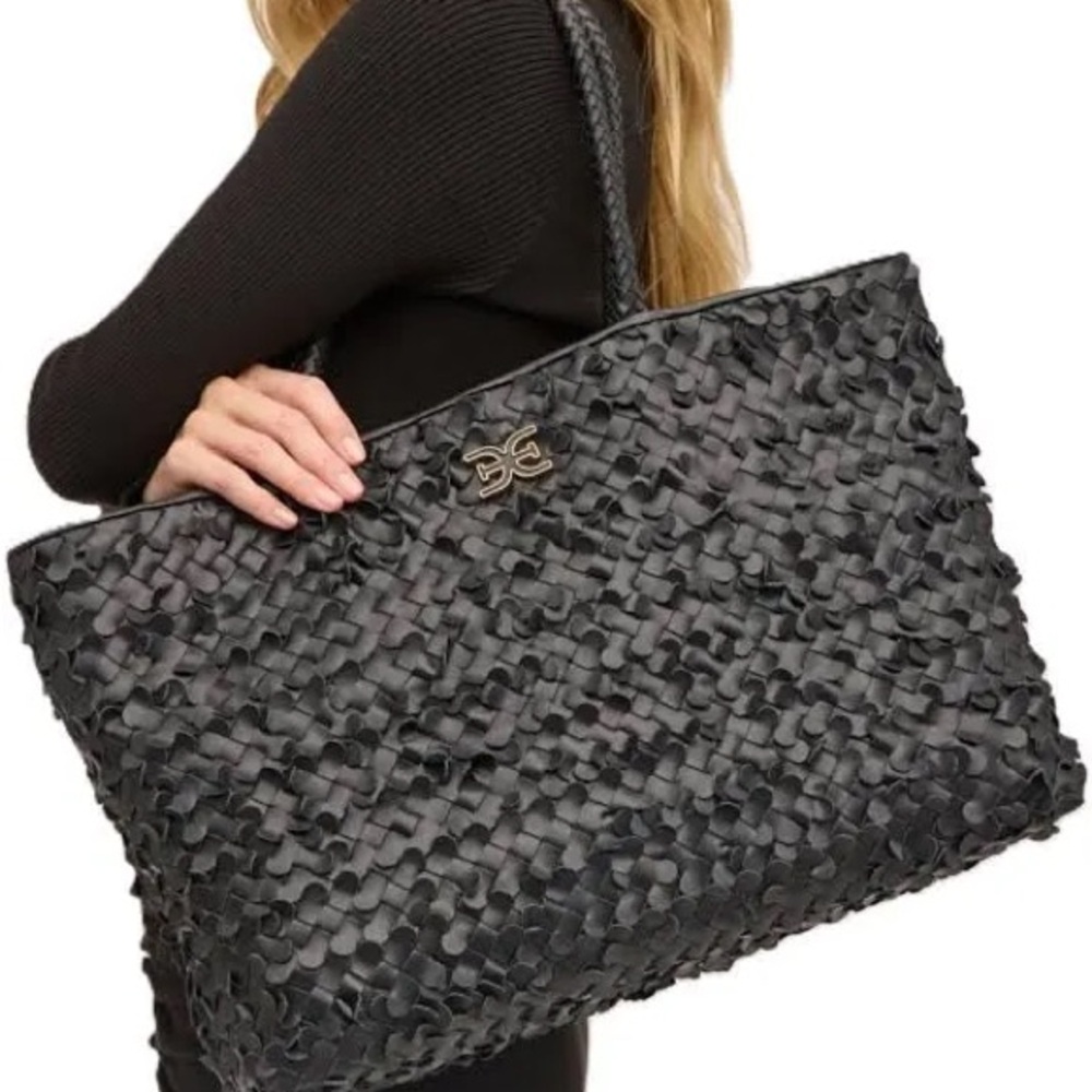 Sam Edelman Bianka Black Leather Designer Woven Large Tote for Work